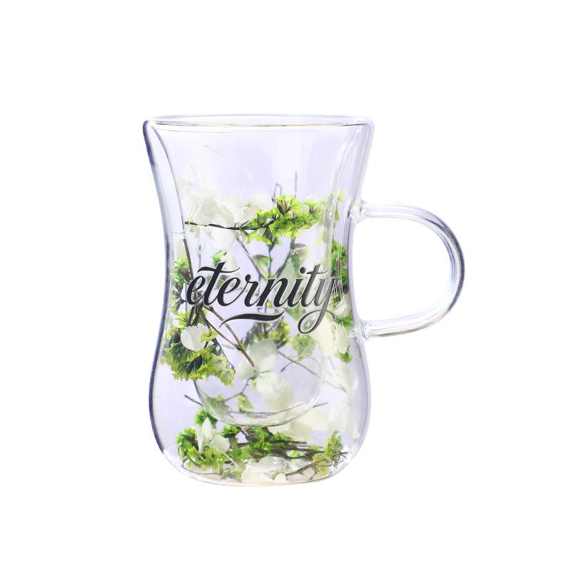 Dried Flower Body-Shaping Double-Walled Glass Cup with Handle and Heat Insulation for Coffee, Milk, or Juice
