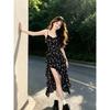 French black floral suspender dress women's summer 2026 new beautiful vacation style irregular long dress