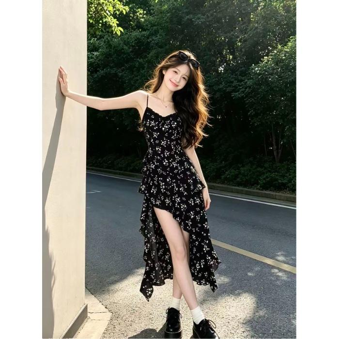French black floral suspender dress women s summer 2026 new beautiful vacation style irregular long dress S чёрный