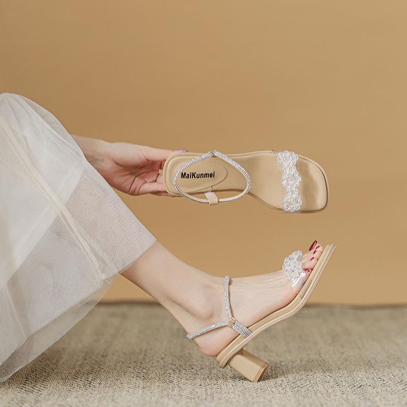 

Fashion rhinestone beading transparent sandals women crystal ankle strap high heels sandalias mujer clear band silver sandales femmes 34 хаки