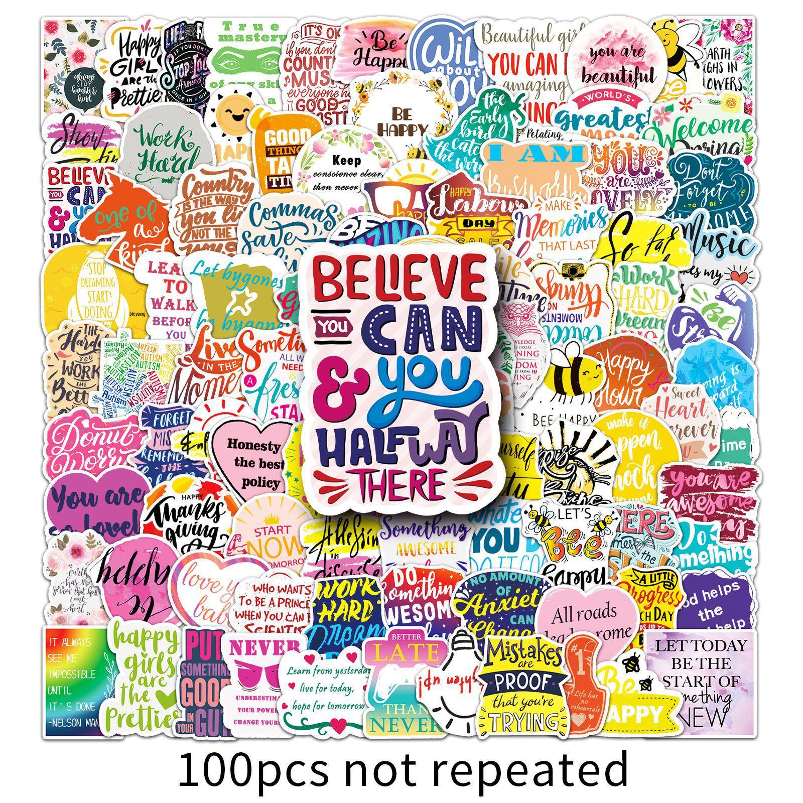 100 Inspirational English Motto Waterproof Stickers for Laptops, Motorcycles, and Cars (Set of 100)