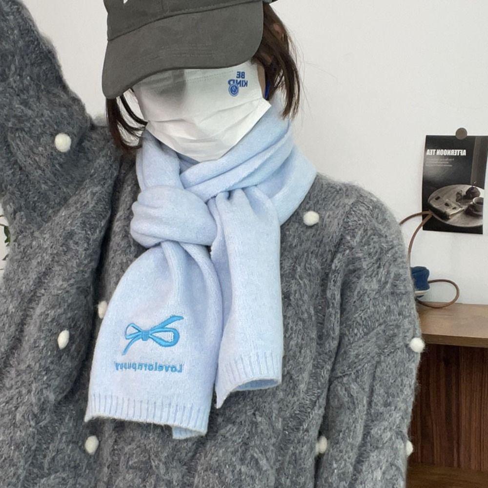 

Letter Embroidery Bow Scarf Cashmere Wool Shawl Elegant Knitted Scarves Women/Men