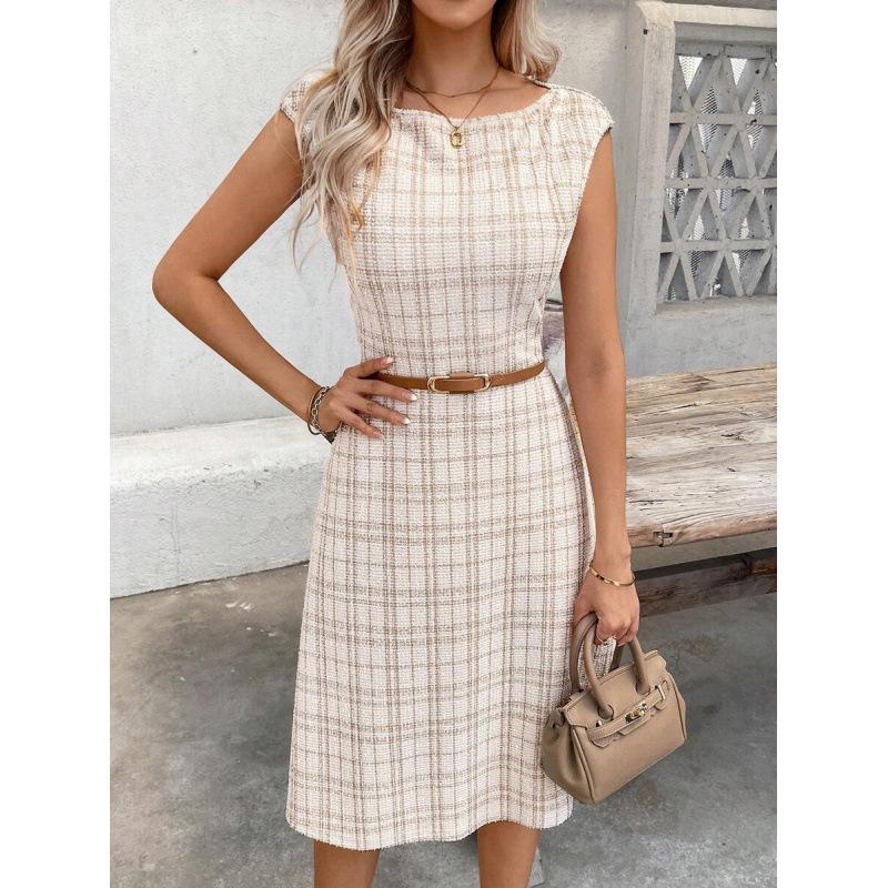 European summer French retro plaid crew neck cover sleeve elegant high waist slim and thin dress S