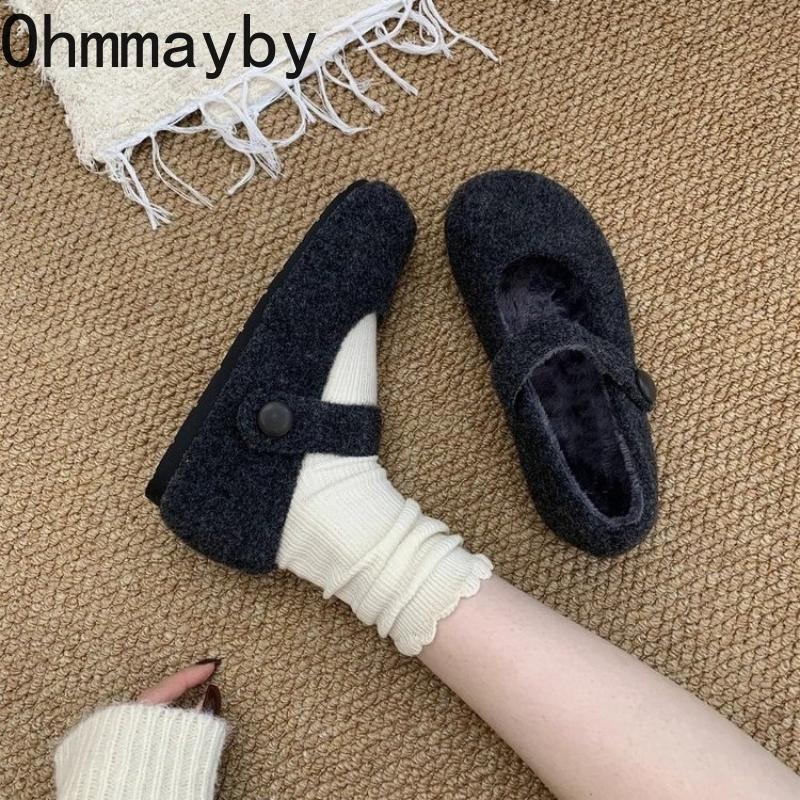 Autumn Winter Short Plush Women Mary Jane Shoes Comfort Round Toe Soft Sole Shoes Outdoor Warm Cotton Flats Shoes