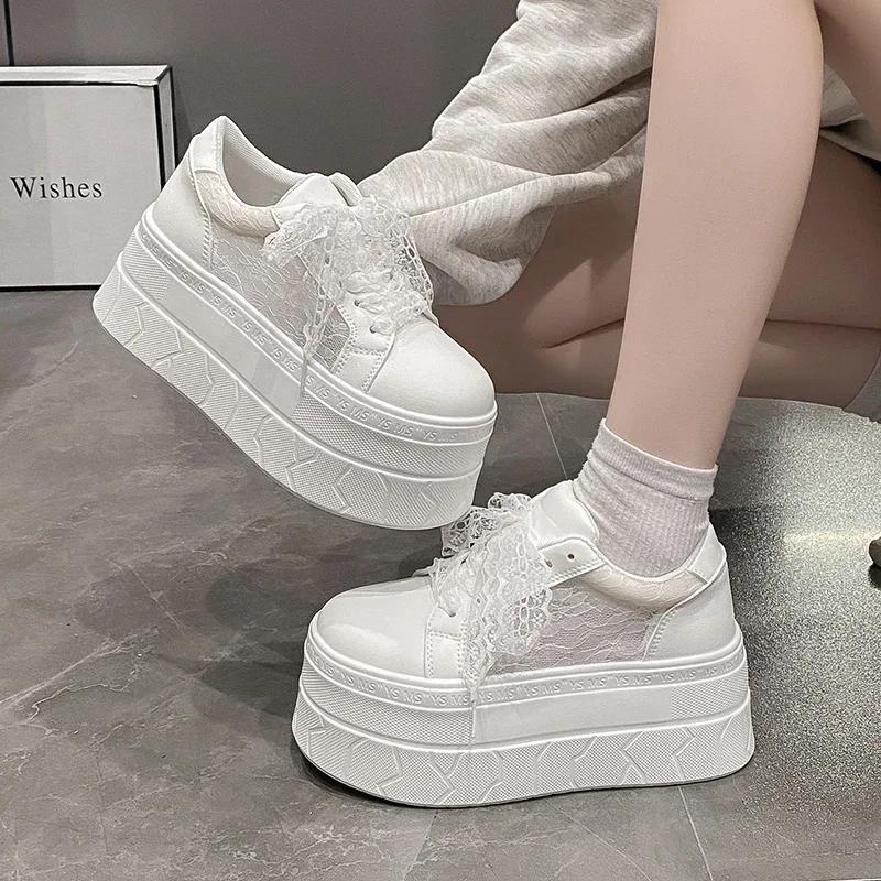 Fashion New 7.5CM Thick Soled Air Mesh Genuine Leather Mesh Breathable Hollow Casual Sneaker Platform Flats White Shoes for Women Summer