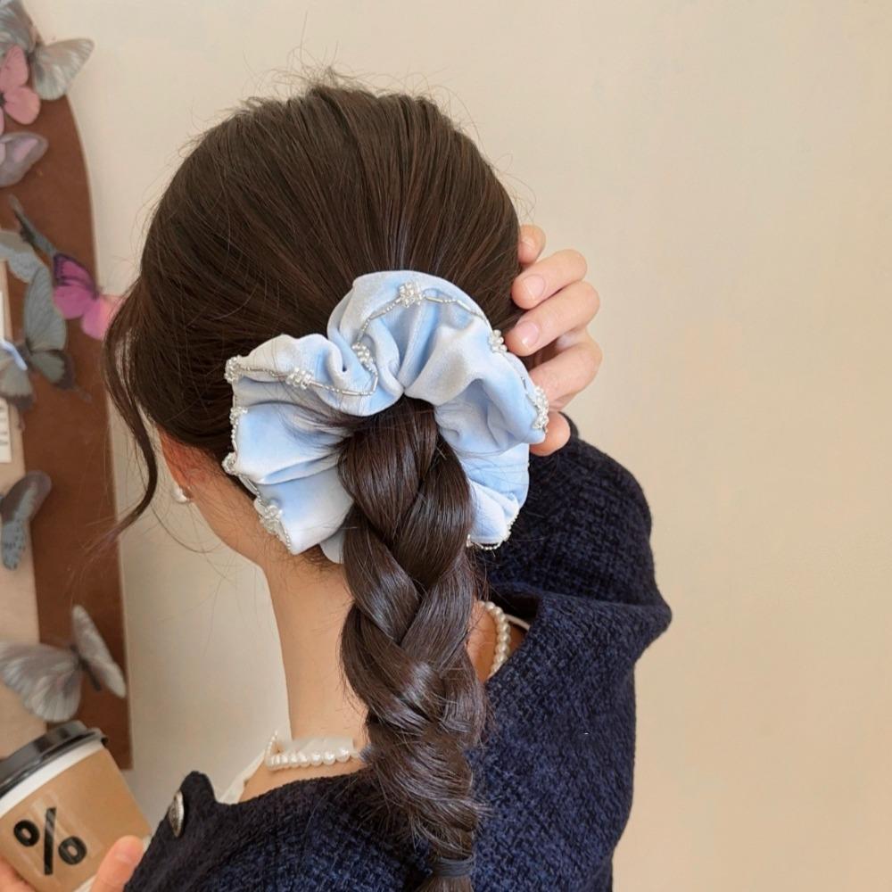 Blue Velvet Scrunchies Elastic Rhinestone Hair Rope Cute Hair Accessories  Streetwear