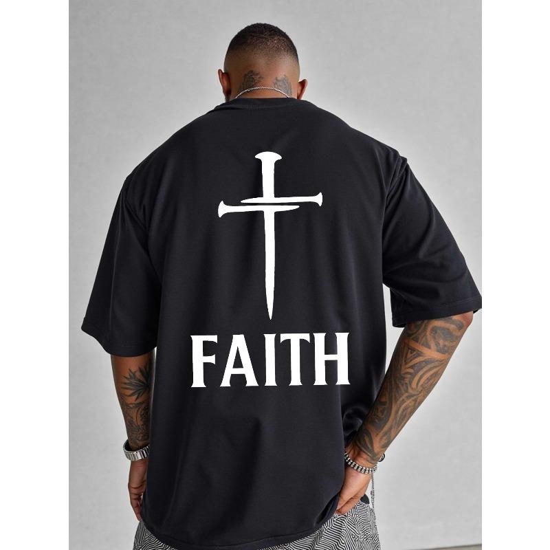 European Sizes Men's Christian Faith T-Shirt with Print & Cross Design - Oversized Shirt, Breathable Summer Casual Wear, Loose Fit Short Sleeve Tee