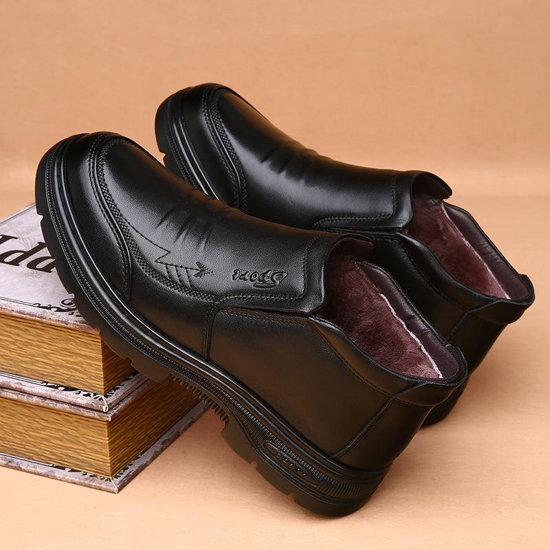 First layer cowhide high-top cotton shoes men's fur integrated one-pedal velvet pure wool thick-soled warm men's snow boots