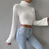 Damen Cropped Pullover Hoher Kragen Ausgestellter Langer Ärmel Einfarbig Slim Fit