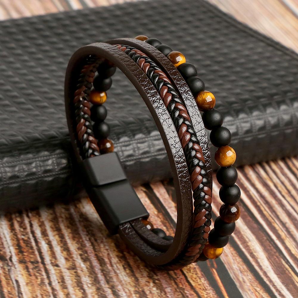 Classic Fashion Tiger Eye Beaded Multi Layer Leather Bracelet for Men Hand-Woven Leather Men Bracelets Punk Bangle Jewelry for Male