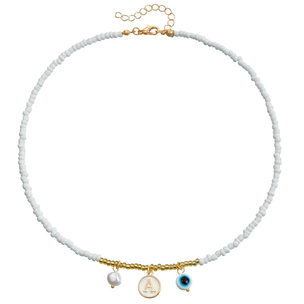 Exclusive, Bohemian White Rice Bead Beaded Necklace, Ethnic Style Alphabet Eye Pendant Necklace