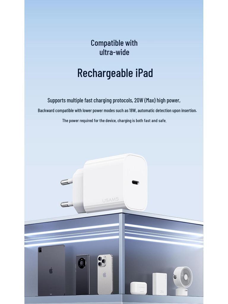 USAMS 20W PD Fast Charger Head with PD Cable for Apple 15, 9V/2.2A, European Standard