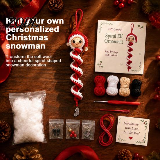 Regalo di Natale Fatto a Mano Bambola all'Uncinetto Ornamento a Spirale Kit Fai da Te, Set Artigianale Festivo con Modello Pupazzo di Neve Filato Morbido, Perline, Decorazione per Albero da Appendere alla Finestra
