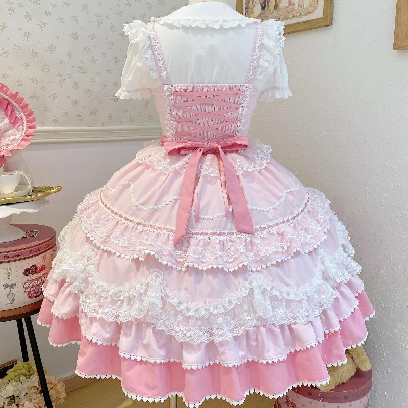 Summer Original Sweet Lolita Jsk Dress Cute Bow Lace Stitching Kawaii Girls Women Elegant Slim Suspender Dresses
