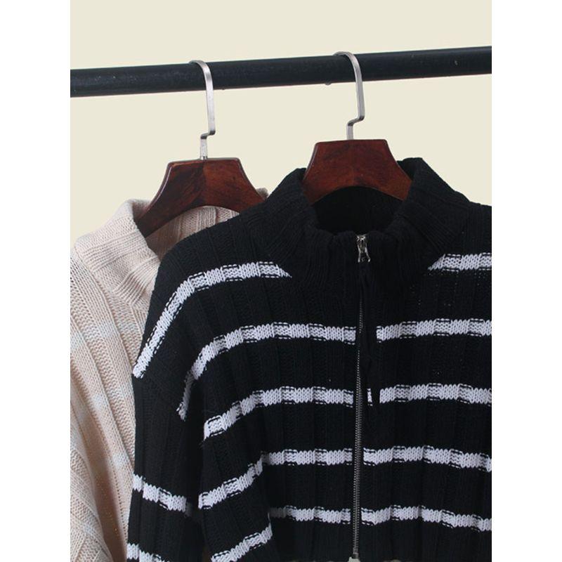 Export Contrast Color Stripes Zipper Short Cardigan Fall and Winter Long Sleeve Color Matching Knitting Sweater Female New Coat