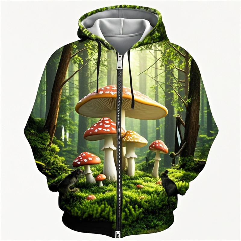 Sweat à capuche zippé impression 3D champignon Unisexe Mode décontractée Sweat à capuche Sweat-shirt de survêtement surdimensionné Vêtement
