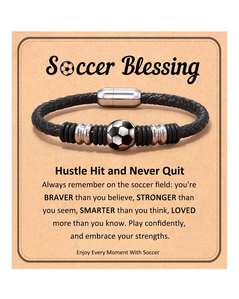 Soccer Bracelet for Boys Men Leather Wristband Gifts for Son with Solid Stainless Steel Soccer Ball Charm, Football Jewelry Gift