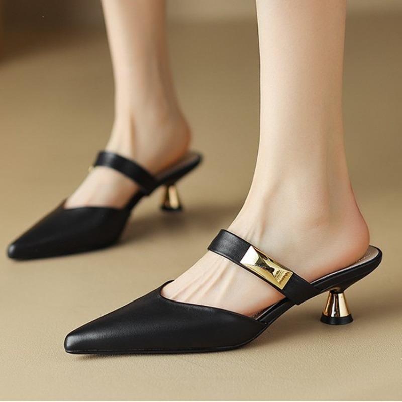 Woman Mules Slippers Leather Sandals Heeled Slides Sexy Pointed Toe Shoes for Women Casual Designer Luxury High Quality H Sandal
