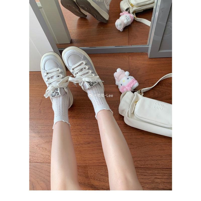 

~ Spring Tea Party~ Cream Satin Round Head Thick-soled Lace-up Height Enhancing Casual Board Shoes 40