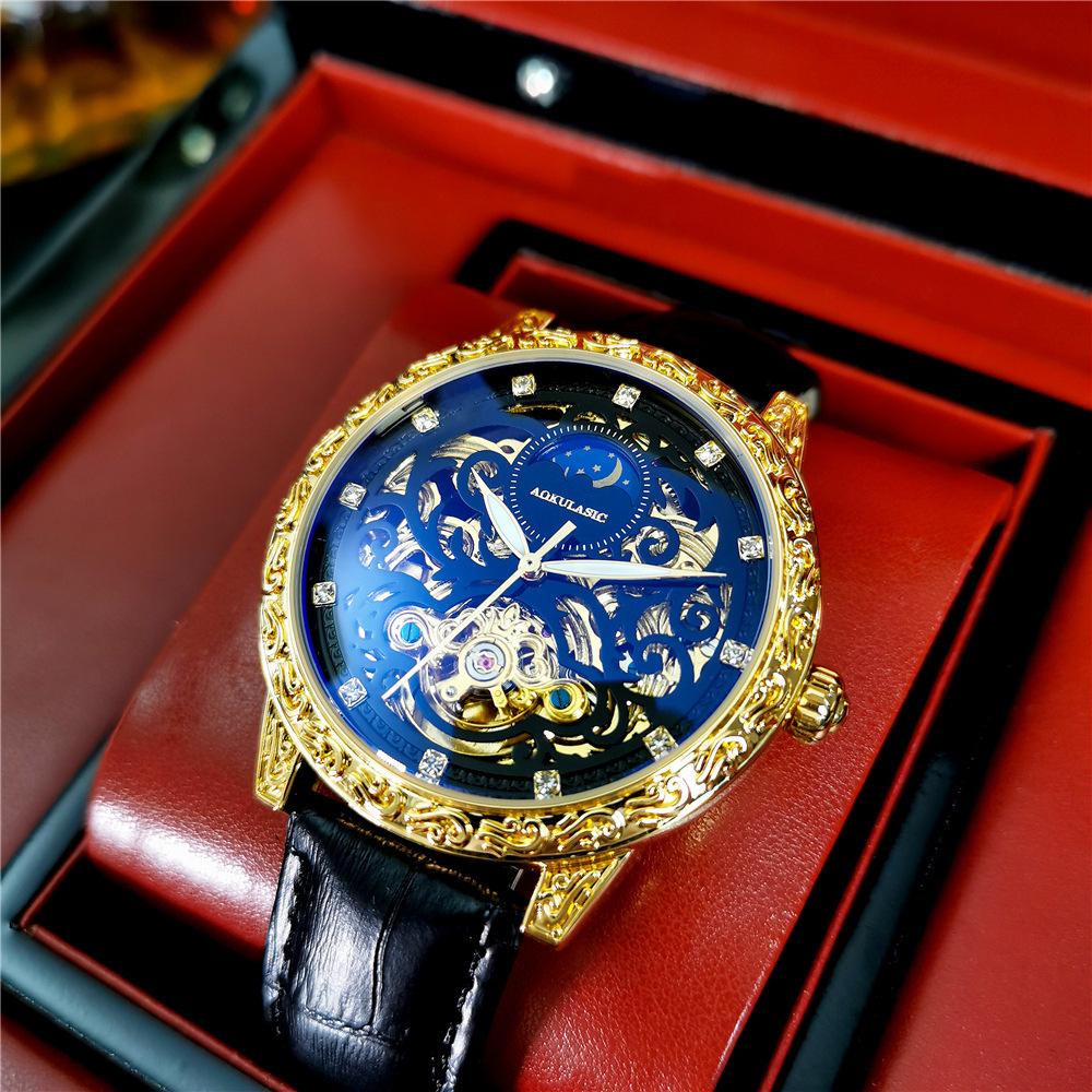 AOKULASIC Gold Tourbillon Mens Watches Top Brand Luxury Skeleton Automatic Mechanical Watch for Men Leather Strap Fashion Clock