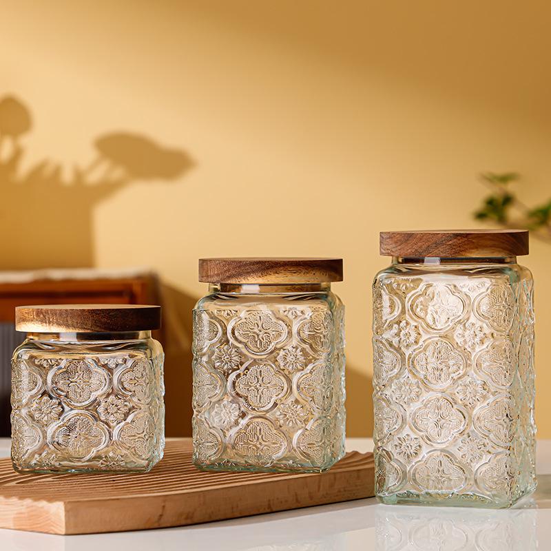 Retro Carved Storage Jar with Acacia Wood Lid for Grains, Dried Fruits, and Snacks