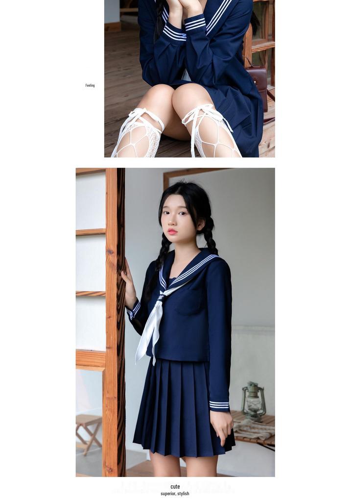 Navy Three-Piece Sailor-Style JK Uniform with Pleated Skirt Set