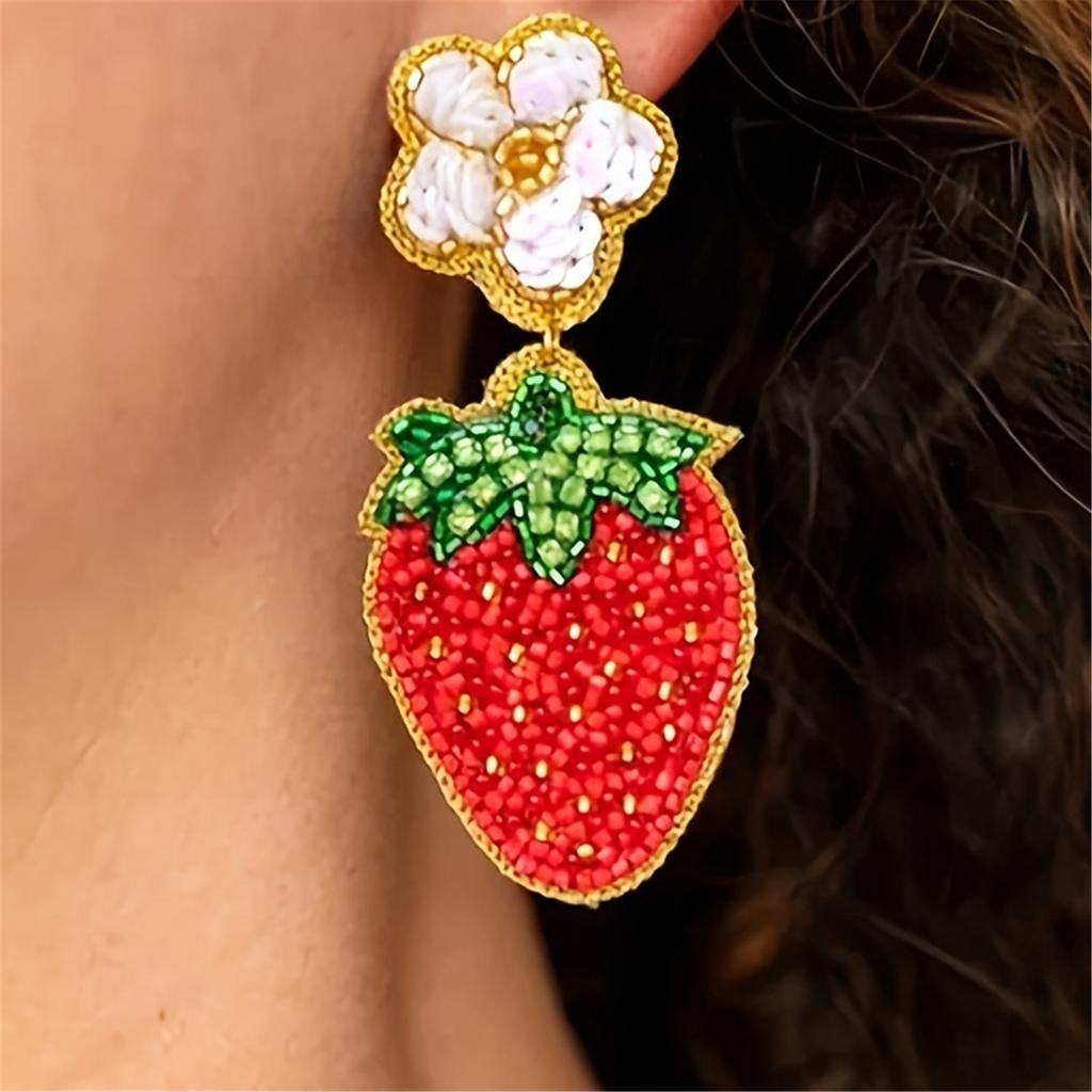 Strawberry and Floral Drop Earrings Dainty Beaded Strawberry Flower Drop Earrings Accessory Gift for Fashion Lovers