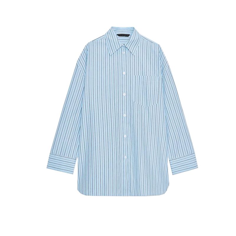 

Autumn New Arrival Women clothes Commuter Style Single Breasted Lapel Long sleeve Stripe Loose Poplin Shirts 0975111 Blue L