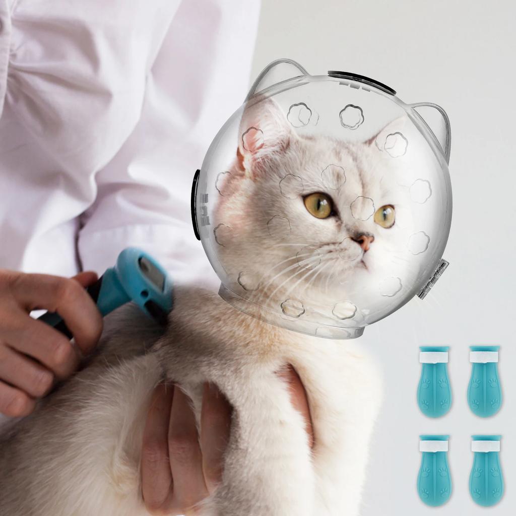 Cat Muzzle Pet Grooming Cover Accessory Anti-bite Anti-Licking Cat Space Hood Breathable Helmet Mask with 4 Silicone Paw Shoes