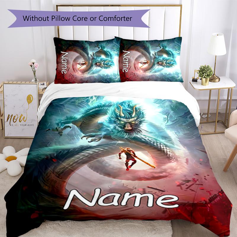 3pcs Custom Name Black Myth Wukong Game Bedding Set Duvet Cover Closure Includes 1 Duvet Cover & 2 Pillowcases for All Seasons Bedroom Decor