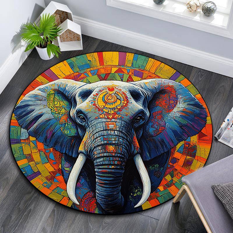 Elephant Mandala Round Area Rug,Carpet Rug for Living Room Bedroom Sofa Playroom Decor,Non-slip Floor Mat