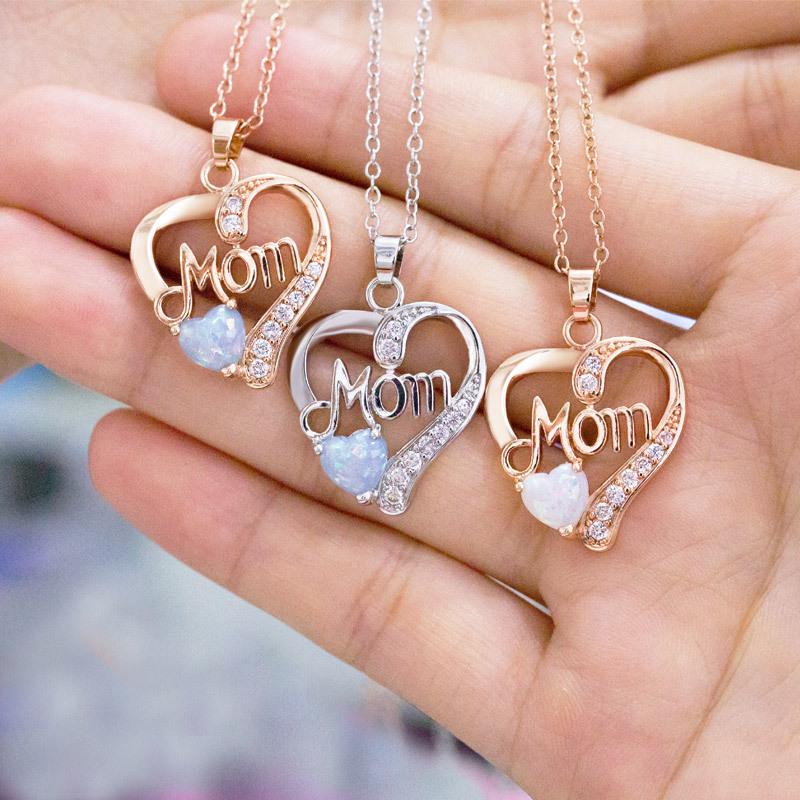 Mom Heart Opal & CZ Pendant Necklace, Mother's Day Gift Rose Gold/Silver Plated Cable Chain Necklace