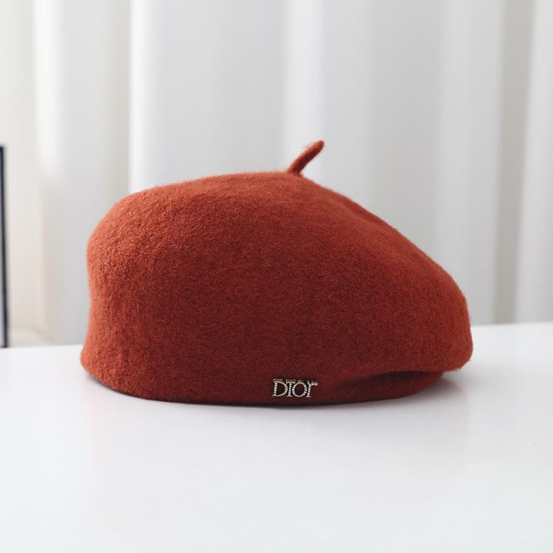 Wool Beret Women's Autumn and Winter Literary Pleated Edge Metal Letter Mark Retro Warm Pumpkin Hat