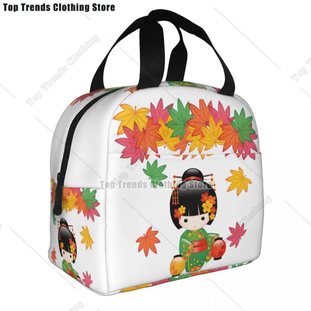 Japanese Keiko Kokeshi Doll Insulated Lunch Bag Cute Design Kimono Geisha Dolls Girls Cooler Thermal Bento Box Lunch Boxes
