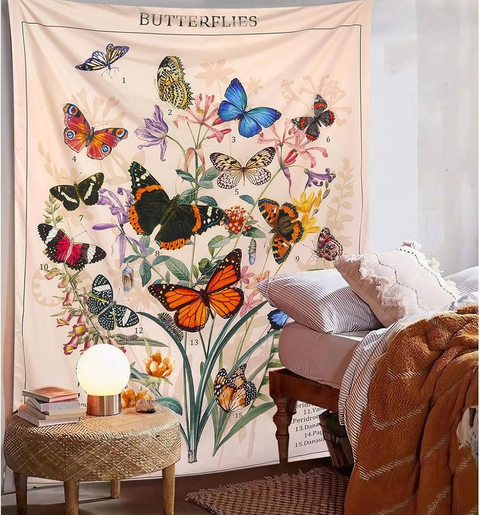 Butterfly Tapestry Vertical Vintage Floral Tapestries For Bedroom Aesthetic Flower Plant Tapestrys Wall Hanging Retro Beige Cute