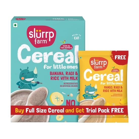 Slurrp Farm No Added Sugar Instant Cereal | Ragi, Rice and Banana with Milk | Free Mango Cereal Trial Pack | 200g + Free 50g 300GM