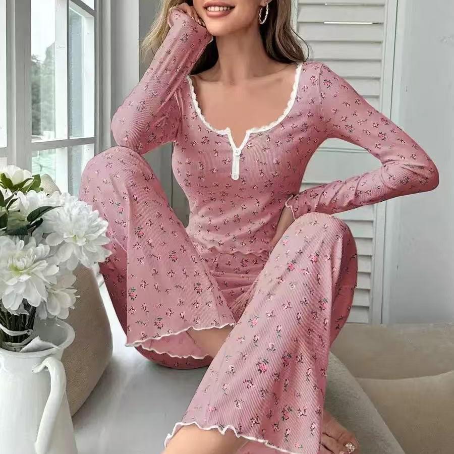 European & American Style Autumn/Winter Sexy Casual Fashion Pajama Set: Women's Long-Sleeve Top and Pants