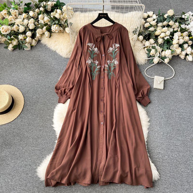 

Women s Clothing Chubby Girl Loose Long Ethnic Style Dress Brown One size
