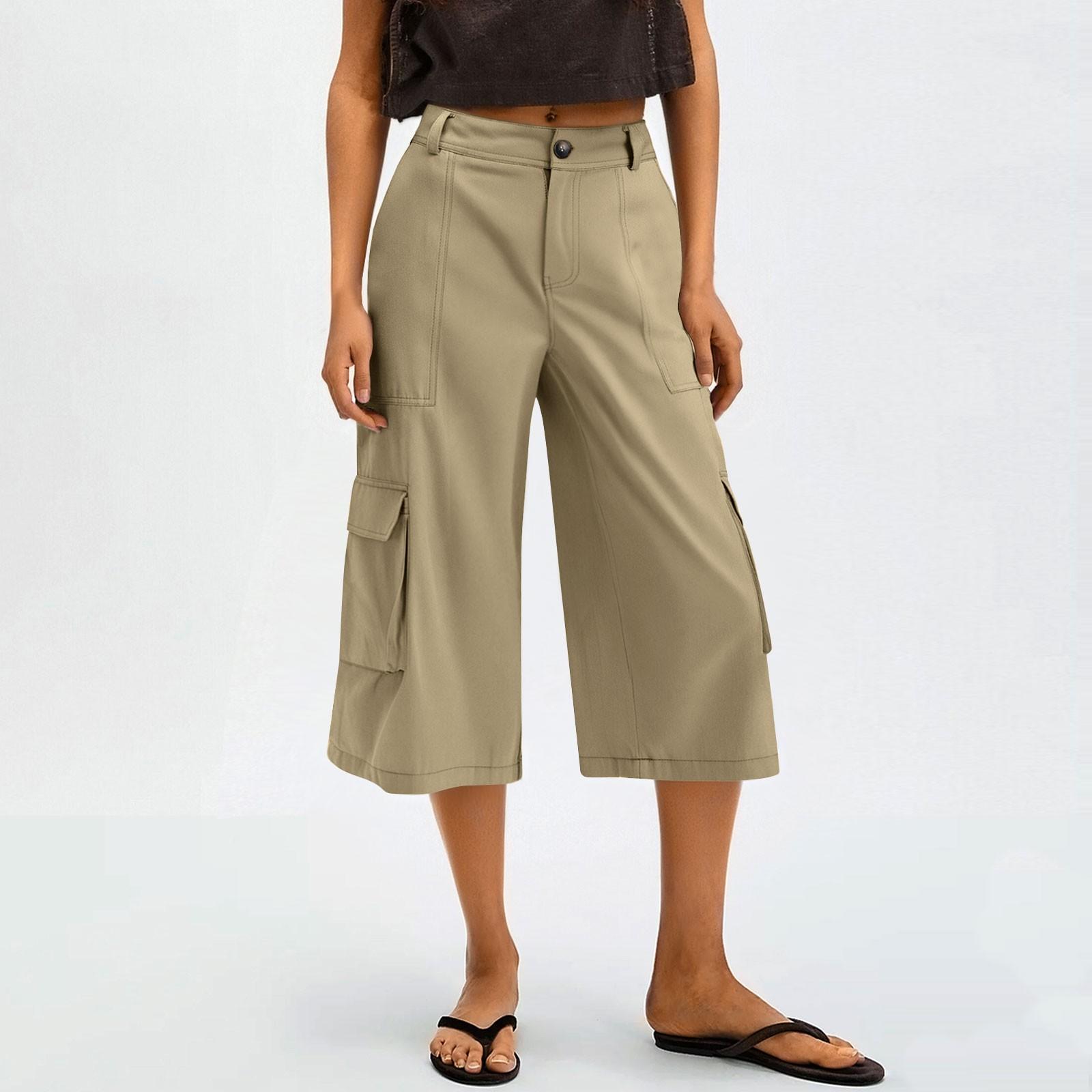 

Женские широкие брюки с карманами, свободные укороченные брюки с высокой талией S хаки