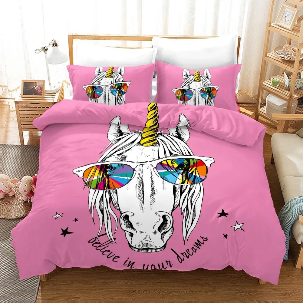 Children's Birthday Gift Twin Bedding Set Home Textile Cartoon Cute Pink Unicorn Bedding Set Duvet Cover Bed Sets For Girl