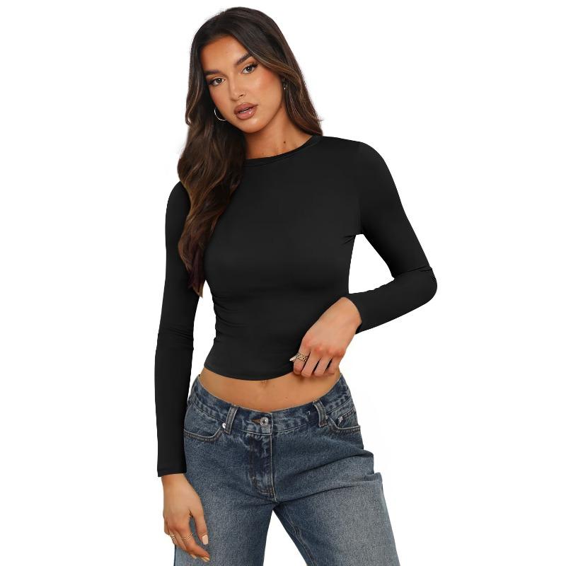 Women's Tight Round Neck Sexy Hottie Nude Single Wear Long Sleeve Top