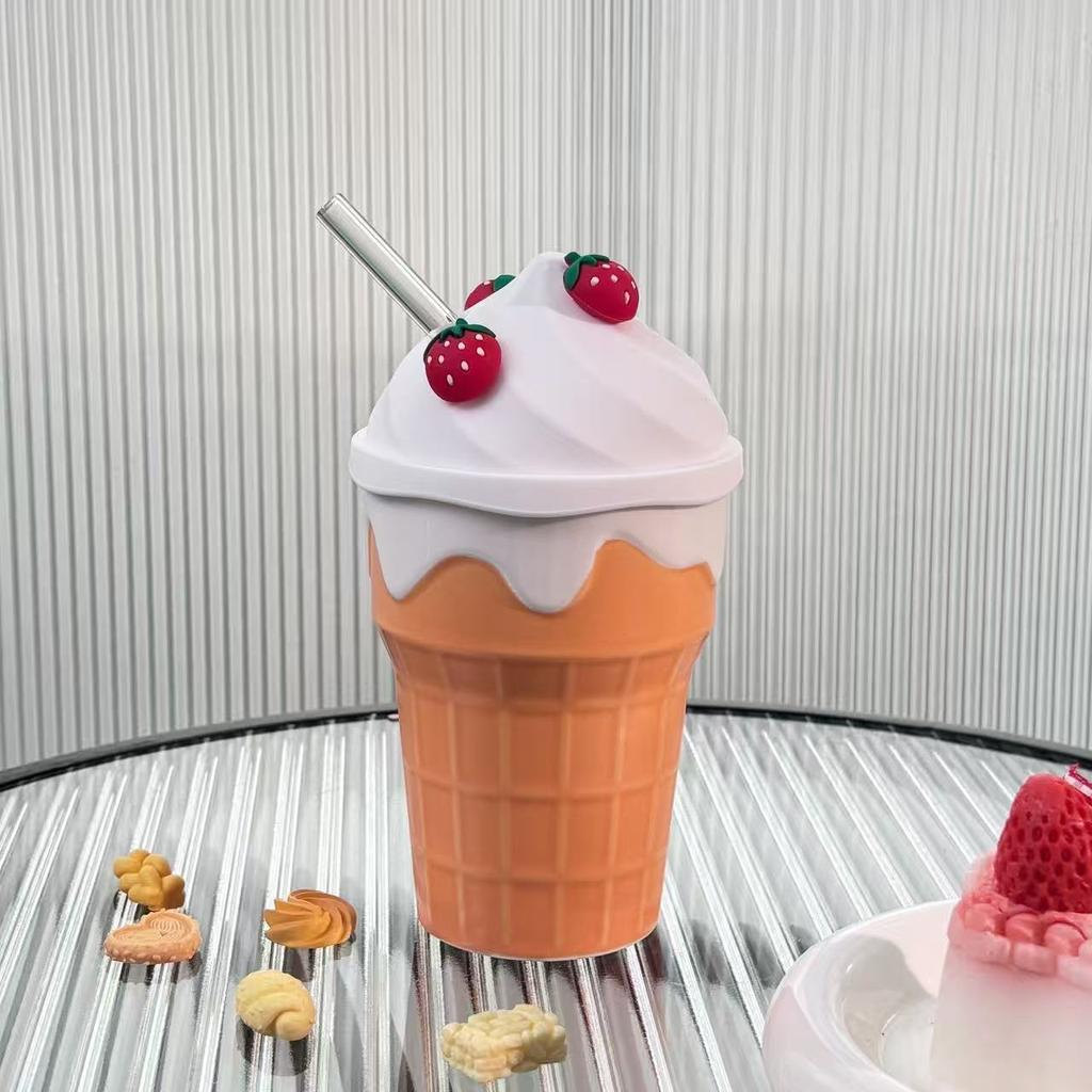 Cute Creative Ice Cream Mugs for Women 300ml Strawberry High Aesthetic Ceramic Cup with Lid Straw Household Exquisite Water Cup