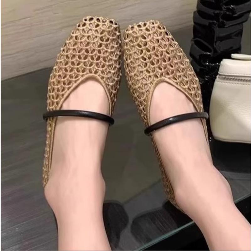 Summer Wear Round Toe Casual and Comfortable Women's Flats Cut-out Mary Jane Single Shoes Vintage Woven Mesh Shoes Female