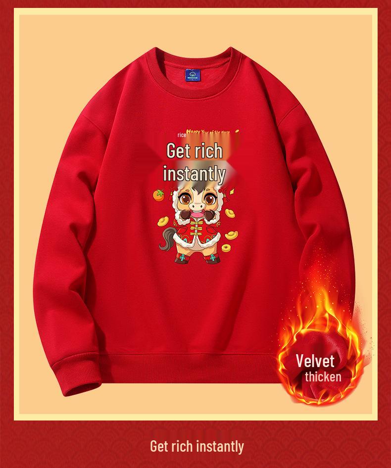 2026 Year of the Horse Red Zodiac Hoodie Fleece-Lined Loose Fit Long Sleeve Men's Clothing