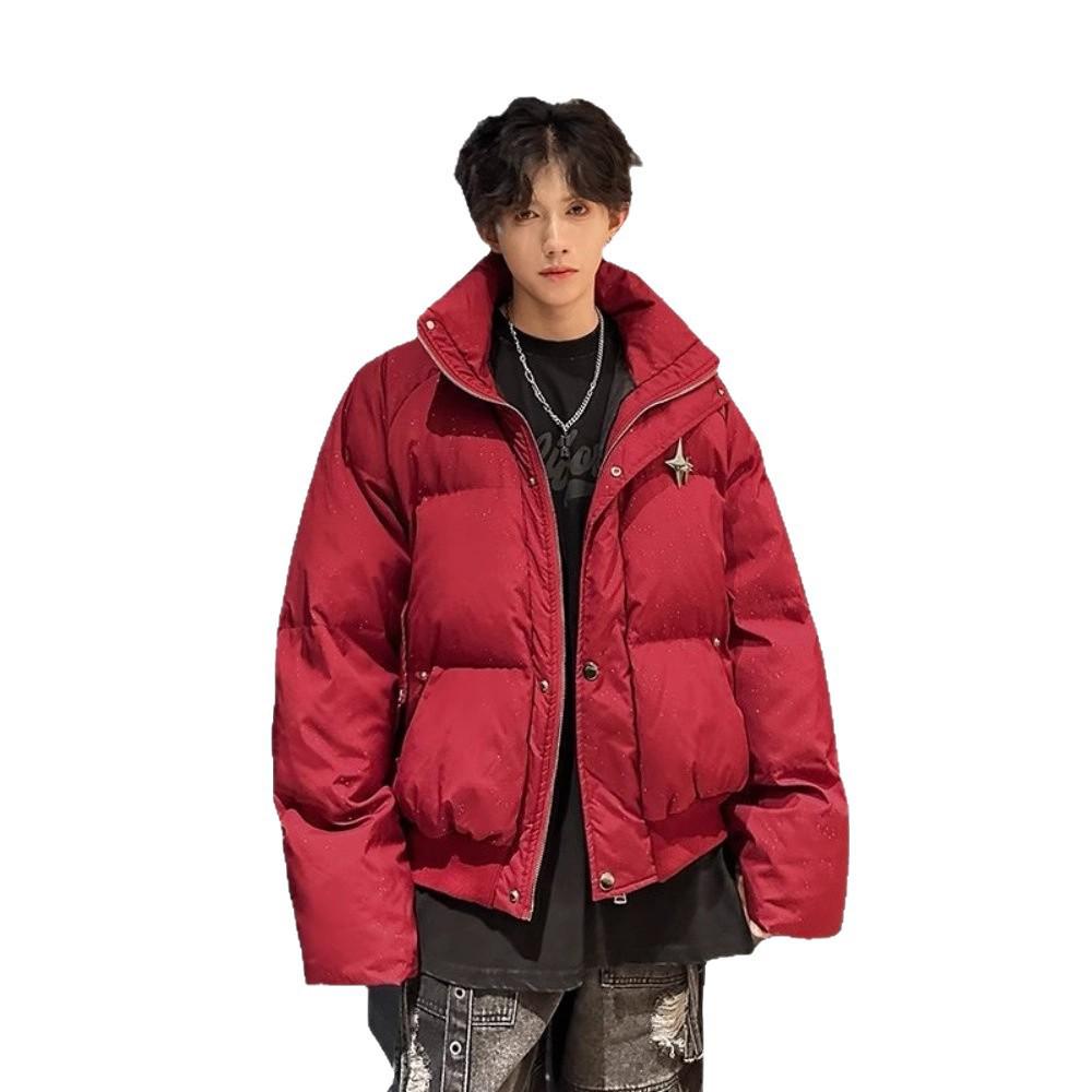 Men's Winter Black Star-Patterned Stand Collar Padded Jacket