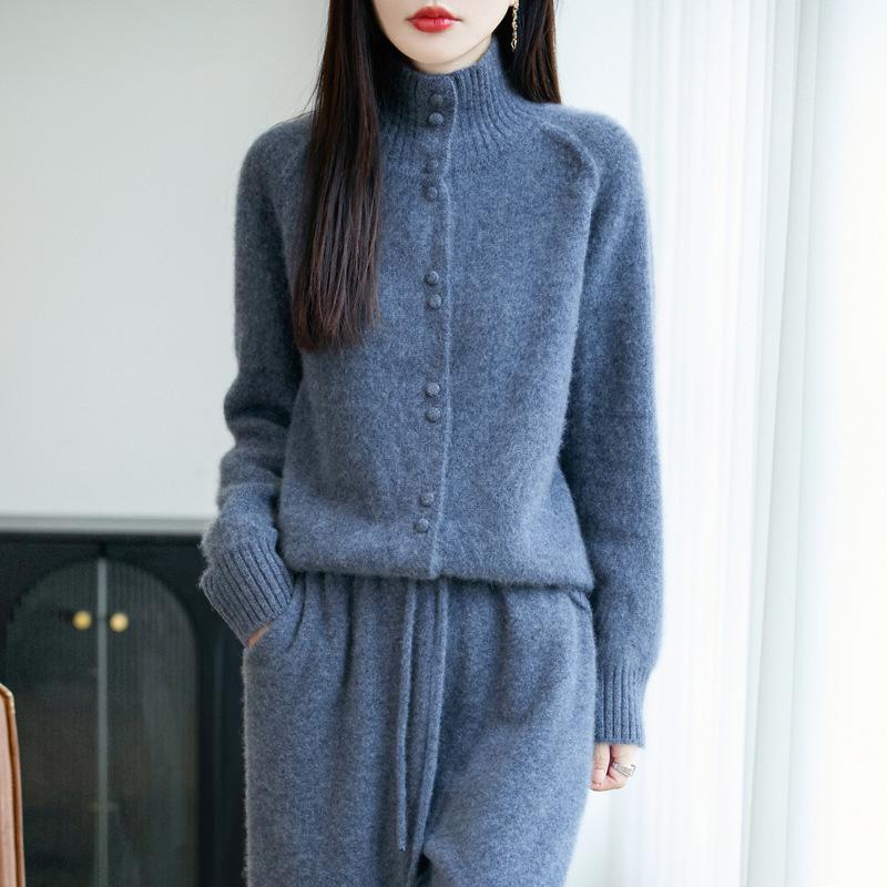 Women's Solid Color Wool Cardigan - High Neck, Long Sleeve, Loose Fit Sweater