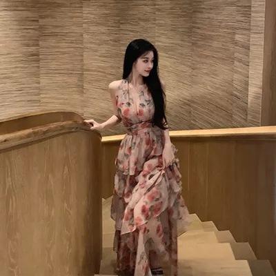 2026 summer new French Hepburn style high-end niche design temperament thin neck floral dress children S