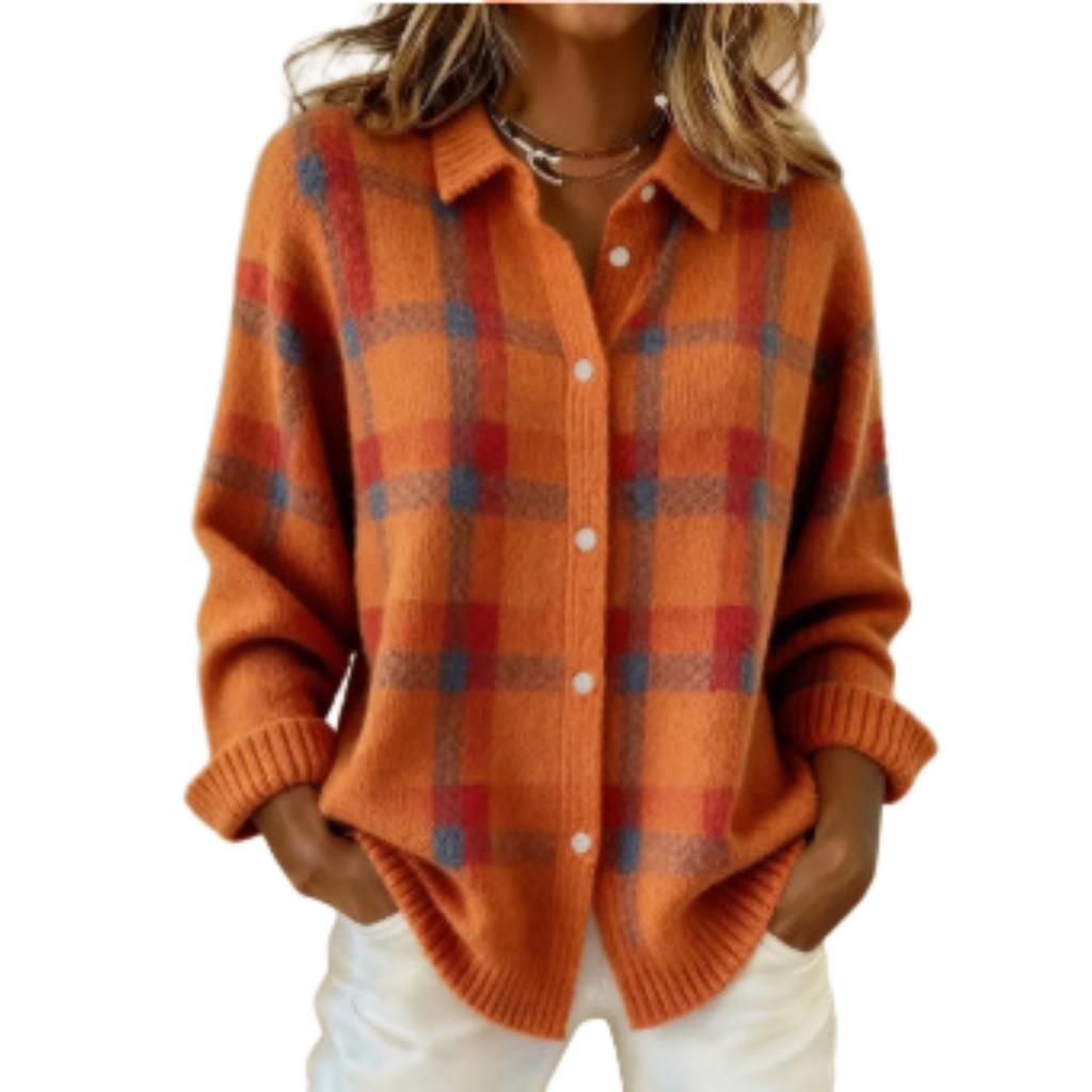 Damen Karomuster Langarm Reverskragen Hemd Cardigan Pullover, Lockere Passform für Herbst Winter