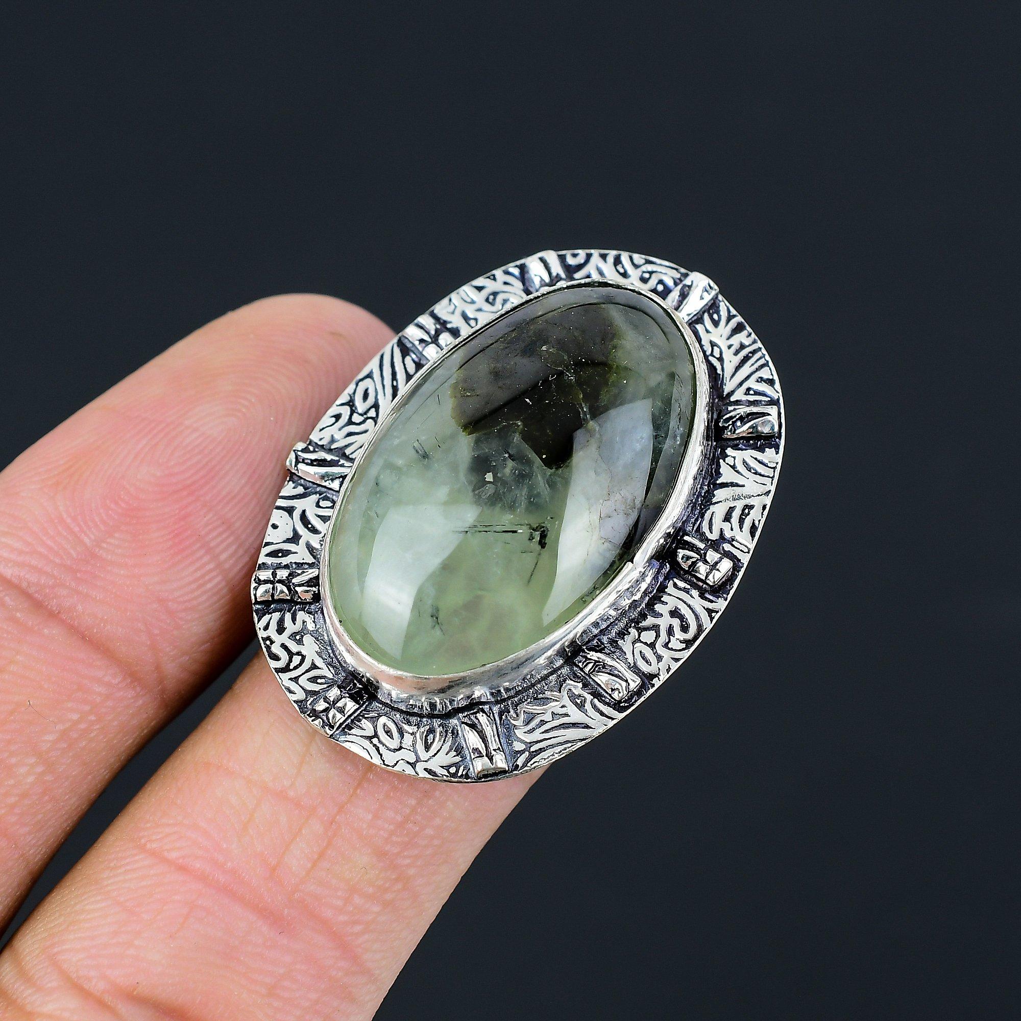 Natural Moss Prehnite Gemstone 925 Sterling Silver Promise Ring Size 8 For Women 8