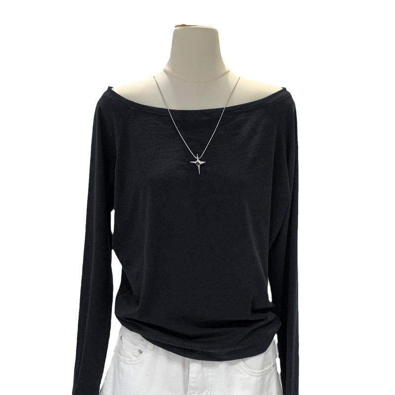 Women's Off-Shoulder Black Cotton Long-Sleeve T-Shirt, 2025 Spring/Autumn/Winter Collection